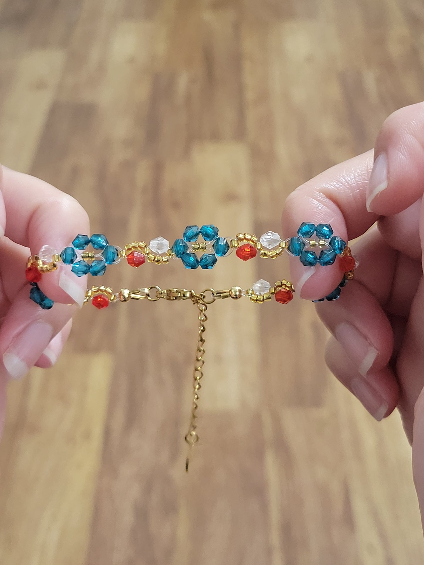 Stainless steel glass beaded bracelet.